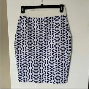XL Brixon Ivy Blue and White Printed Fitted Pencil Skirt